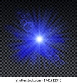 El azul estalló sobre un fondo transparente con chispas y bokeh. Efecto de brillo de estrella azul. Explosión mágica para caderas, invitaciones, afiches y web. Diseño vectorial futurista