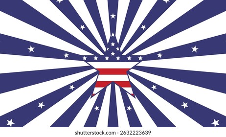 Blue burst with white stars and central stripes. Bold graphic for USA holiday.