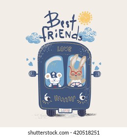 blue bus with best friends mouse and rabbit/ hand drawn vector illustration/can be used for kid's or baby's shirt design/fashion print design/fashion graphic/t-shirt/kids wear /tee