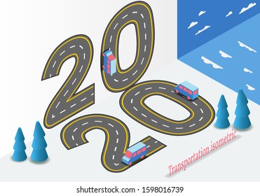Blue bus goes by the numbers 2020 in isometric