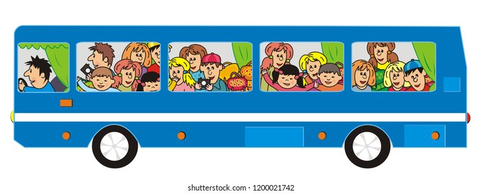 Blue bus and group of kids and adults, isolated funny illustration, vector icon