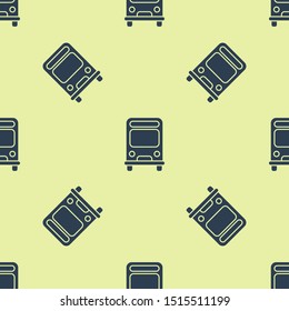 Blue Bus icon isolated seamless pattern on yellow background. Transportation concept. Bus tour transport sign. Tourism or public vehicle symbol.  Vector Illustration