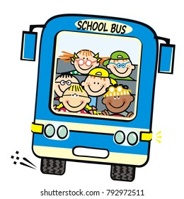 Blue bus and kids, school bus, vector humorous illustration
