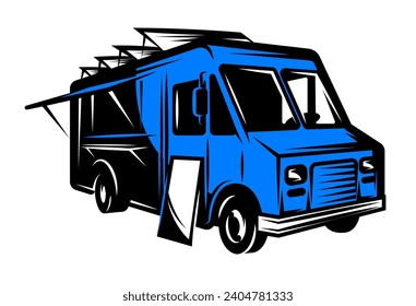 The blue bus is like a food truck for selling delicious food on the road. Template for design, color vector illustration.