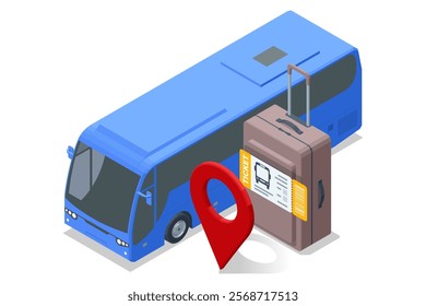 Blue Bus, Luggage, and Location Pin. Isometric vector of a blue bus, travel luggage, and a red location pin representing navigation and journey planning.