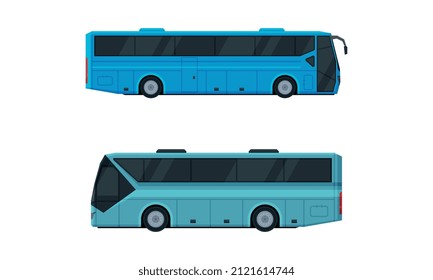 Blue Bus or Omnibus as Road Vehicle and Urban Transport for Carrying Passengers Vector Set