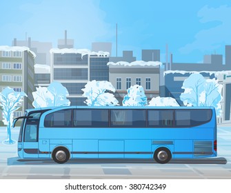 Blue bus on winter city street