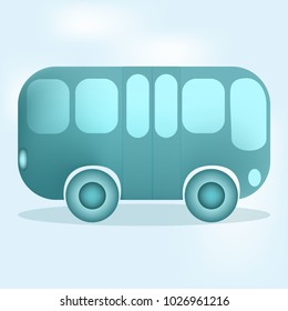 A blue bus with open windows and two doors driving to the right at the light blue background