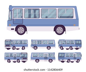 Blue bus set. Single-decker bright large motor road vehicle for carrying passengers, city transit. Vector flat style cartoon illustration, isolated on white background, different positions and view