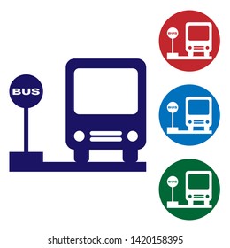 Blue Bus stop icon isolated on white background. Transportation concept. Bus tour transport sign. Tourism or public vehicle symbol. Set color icon in circle buttons. Vector Illustration