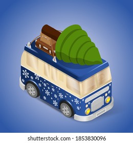 
blue bus with white snowflakes and green Christmas tree on the roof