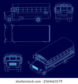 Blue bus with the word "bus" on the front. The bus is shown in different angles and is a school bus