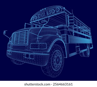 Blue bus with the word school bus on the front. The bus is shown in a stylized way, with a lot of detail and a sense of depth. Concept of excitement and adventure