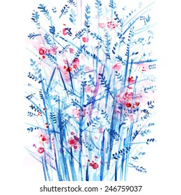 Blue bush with red berries / abstract watercolor background / vector illustration