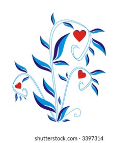 Blue bush with the red hearts symbolizing love
