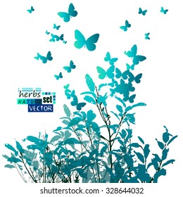 blue bushes with butterflies. Vector