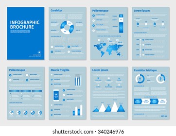 Blue business A4 brochures with infographic vector elements. Use in website, flyer, corporate report, presentation, advertising, marketing etc.