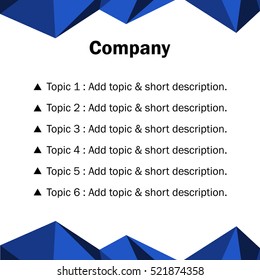 Blue Business Abstract Template Background. Geometric Triangular or Polygonal Structures. Layout for Presentation. Header and Footer. Detail Page. Vector Illustration.