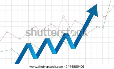 blue business arrow going up zig-zag form. With 2 other lines graph following. Financial positive business profit economic grow stock graph