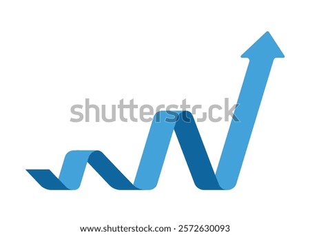 blue business arrow graph going up represents trading profit business growth economic boom and financial surplus, round corder style