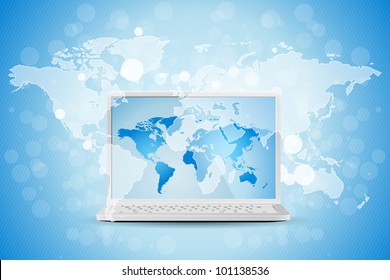 Blue Business Background with World Map and Modern Laptop
