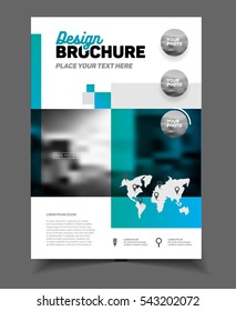 Blue Business Brochure design with photo and geometric graphic elements.