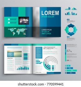 Blue business brochure template design with vertical shapes. Cover layout and info graphics