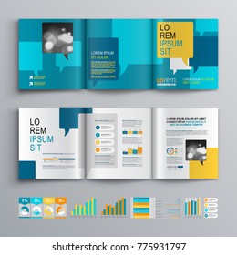 Blue business brochure template design with text bubbles. Cover layout and infographics