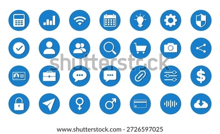 Blue business button icon collection featuring circular user interface elements including calculator, analytics chart, wifi, calendar, idea, settings, security, user profile, search, shopping cart, camera, share, ID card, briefcase, chat message, attachment, filter, currency, lock, send, gender symbol, payment card, audio wave, and cloud download. Designed in modern flat style for web UI, mobile app, dashboard systems, and digital business platforms. Fully editable, high resolution, and ready for commercial use.