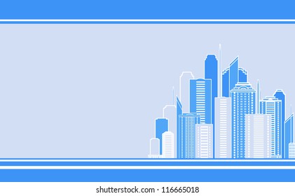 blue business card with city landscape and skyscraper image