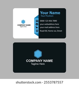 Blue business card with geometric shapes.