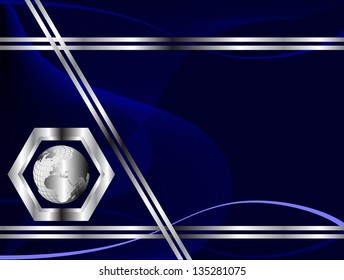 Blue business card or poster templates with wave patterns and a silver globe on the bottom left hand side