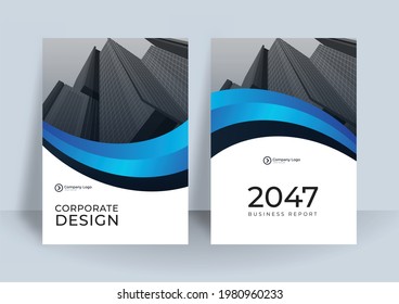 Blue business cover background with wavy decoration. Vector illustration for corporate banner, flier, business card, annual report, book design and much more