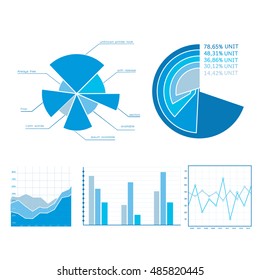 Blue business diagrams set of different shape presenting statistics isolated on white background flat vector illustration