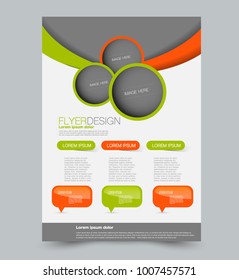 Blue business flyer. a4 pribtable poster or brochure. Vector illustration. Green and orange color.