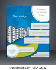 Blue business flyer or brochure. Design template with the city and the world map.