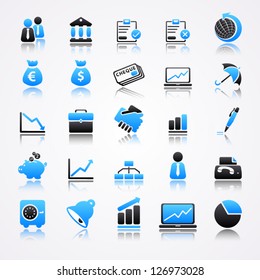 Blue business icons with reflection