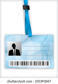 Blue business identification with barcode and lanyard