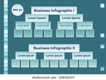 Blue business infographic charts. Two business multilevel infographic charts with rectangular cells for presentations, vector EPS 10.