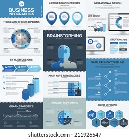 Blue business infographics vector elements and templates. Big collection of modern sign and symbol to create infographic fast.