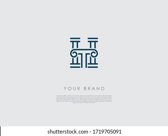 a blue business logo which represents ancient columns, a decorative capital and the letters h and t 