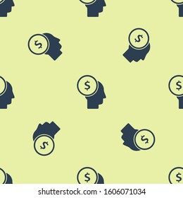 Blue Business man planning mind icon isolated seamless pattern on yellow background. Human head with dollar. Idea to earn money. Business investment growth.  Vector Illustration
