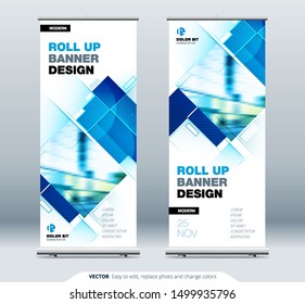 Blue Business Roll Up Banner. Abstract Roll up background for Presentation. Vertical roll up, x-stand, exhibition display, Retractable banner stand or flag design layout for conference, forum.