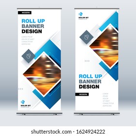 Blue Business Roll Up Banner. Abstract Roll up background for Presentation. Vertical roll up, x-stand, exhibition display, Retractable banner stand or flag design layout for conference, forum.