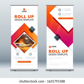 Blue Business Roll Up Banner. Abstract Roll up background for Presentation. Vertical roll up, exhibition display, Retractable banner stand or flag design layout for conference, forum. Set - GB075.