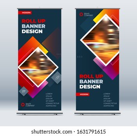 Blue Business Roll Up Banner. Abstract Roll up background for Presentation. Vertical roll up, x-stand, exhibition display, Retractable banner stand design layout for conference, forum. Set - GB075.