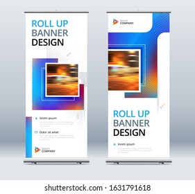 Blue Business Roll Up Banner. Abstract Roll up background for Presentation. Vertical roll up, x-stand, exhibition display, Retractable banner or flag design layout for conference, forum. Set - GB075.