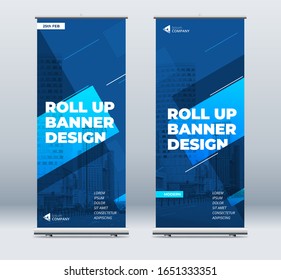 Blue Business Roll Up Banner. Abstract Roll up background for Presentation. Vertical roll up, x-stand, exhibition display, Retractable banner stand or flag design layout for conference, forum.