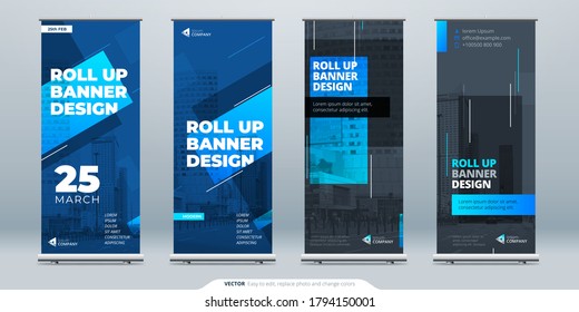 Blue Business Roll Up Banner. Abstract Roll up background for Presentation. Vertical roll up, x-stand, exhibition display, Retractable banner stand or flag design layout for conference, forum.