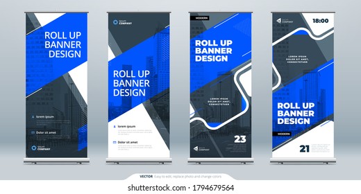 Blue Business Roll Up Banner. Abstract Roll up background for Presentation. Vertical roll up, x-stand, exhibition display, Retractable banner stand or flag design layout for conference, forum.